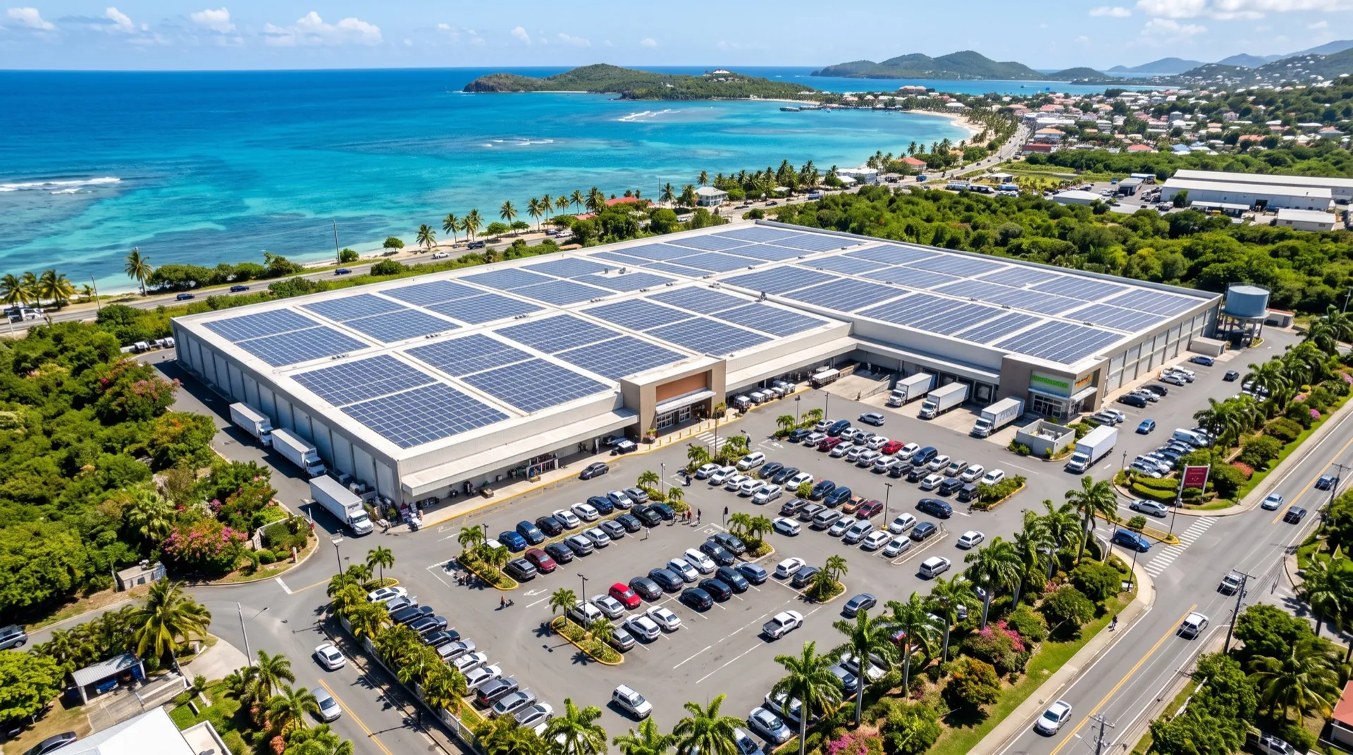 Supermercado y nave comercial con techo cubierto de paneles solares en RD