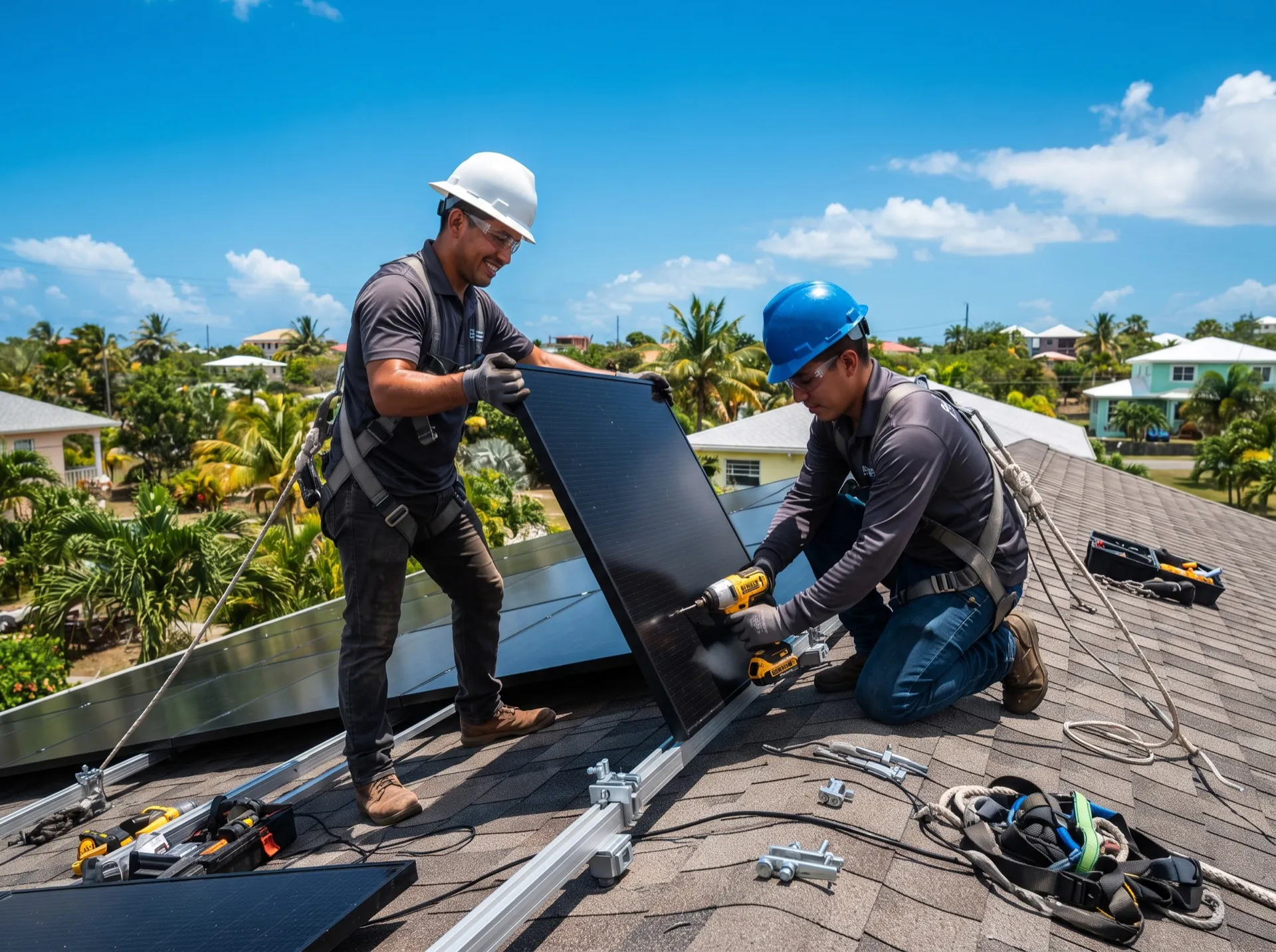 Técnicos certificados de EXEN instalando paneles solares en un techo en República Dominicana